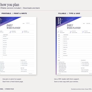Studio Fold daily planner comparison: a blue pen-style printed example beside the saved typed fillable-PDF example. Both formats and both paper sizes are included; customer files are blank. Design uses cobalt and purple gradients and the PF monogram.