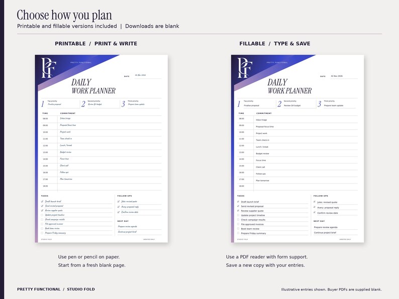 Studio Fold daily planner comparison: a blue pen-style printed example beside the saved typed fillable-PDF example. Both formats and both paper sizes are included; customer files are blank. Design uses cobalt and purple gradients and the PF monogram.