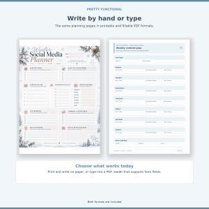 Side-by-side preview of the winter social media planner overview and weekly content plan, showing that the five-page set can be printed for handwriting or typed into fillable PDF fields.