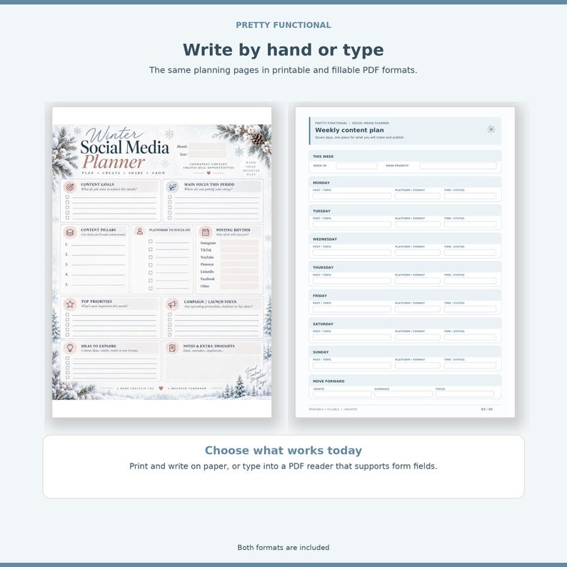 Side-by-side preview of the winter social media planner overview and weekly content plan, showing that the five-page set can be printed for handwriting or typed into fillable PDF fields.