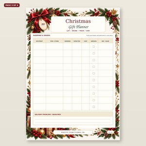 Christmas Gift Planner page 3 shown straight and large: Shopping & orders, with the actual printable layout and Pretty Functional NL branding.