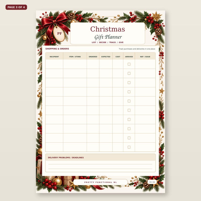 Christmas Gift Planner page 3 shown straight and large: Shopping & orders, with the actual printable layout and Pretty Functional NL branding.