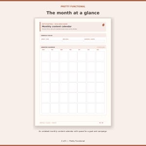 Undated monthly content calendar with a six-week grid, main goal and campaign focus.