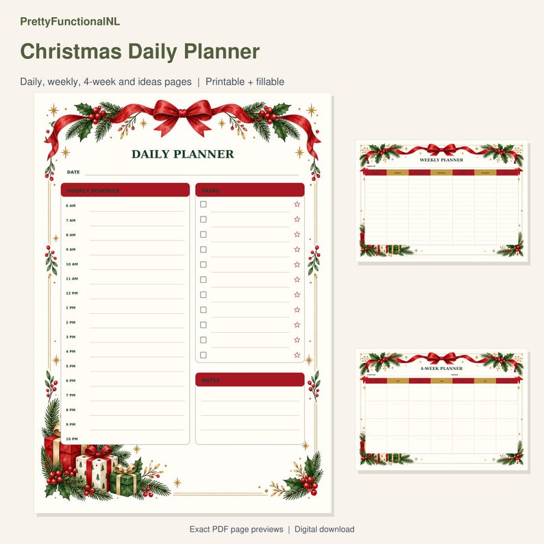 Christmas Daily Planner. Exact pages from the buyer PDF, with enlarged readable previews. Digital download by PrettyFunctionalNL.