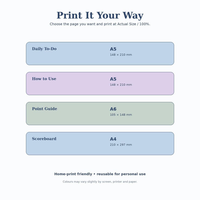 A sizing guide titled Print It Your Way listing four planner page names alongside their dimensions in millimeters.