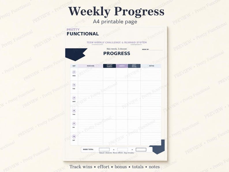 A4 weekly progress printable for teens with sections for daily wins, effort points, bonuses, totals, notes and a weekly point total.