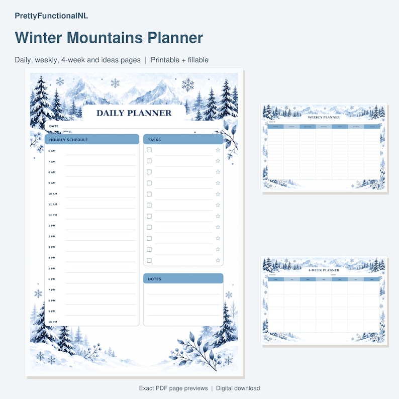 Winter Mountains Planner. Exact pages from the buyer PDF, with enlarged readable previews. Digital download by PrettyFunctionalNL.