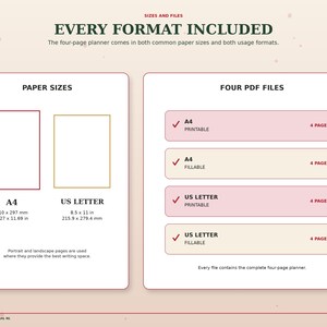 Christmas planner digital download includes A4 and US Letter sizes with printable and fillable PDF files, four pages in each version.