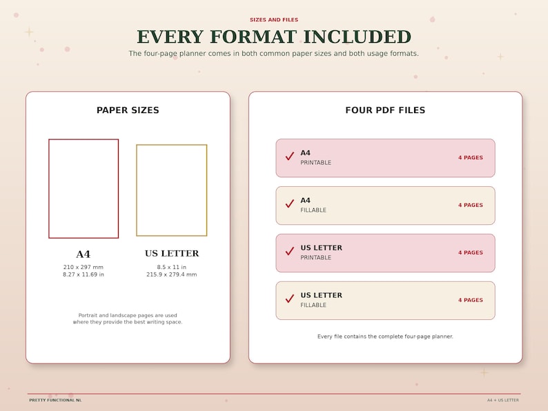 Christmas planner digital download includes A4 and US Letter sizes with printable and fillable PDF files, four pages in each version.