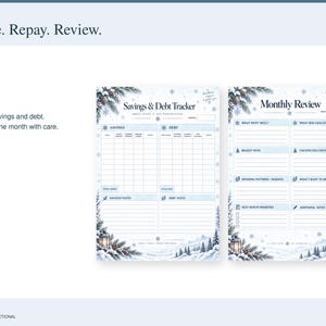 Actual Winter Savings & Debt Tracker and Monthly Review PDF pages shown side by side.