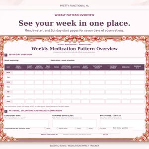 Large landscape weekly medication pattern overview in the Blush & Bows design, with seven daily rows and weekly observations. Monday-start and Sunday-start pages are included.
