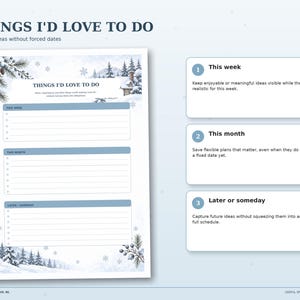 Snowy Cottage Things I’d Love to Do page with separate writing sections for this week, this month and later or someday.