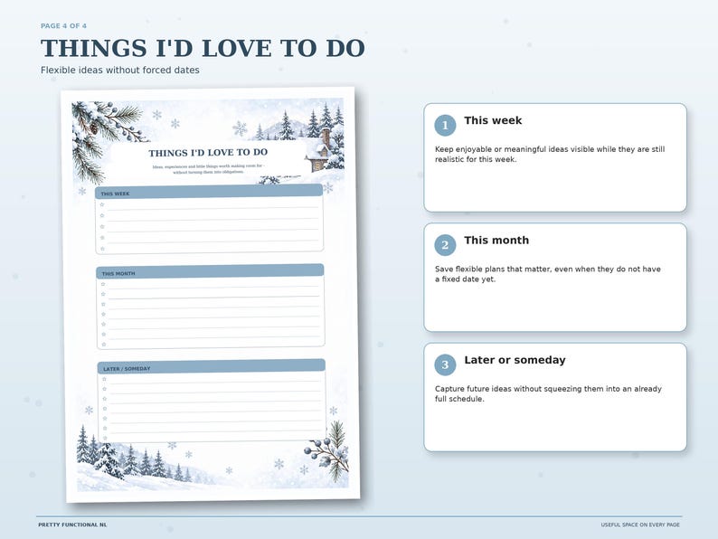 Snowy Cottage Things I’d Love to Do page with separate writing sections for this week, this month and later or someday.