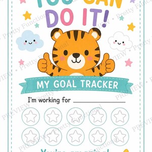 A goal tracker sheet featuring a cartoon tiger giving a thumbs up, surrounded by clouds, stars, and a row of empty star spaces for tracking progress.