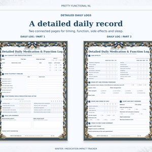 Two complete detailed daily medication log pages in the Winter design, showing dose timing, functioning ratings, side effects, sleep and real-life examples.