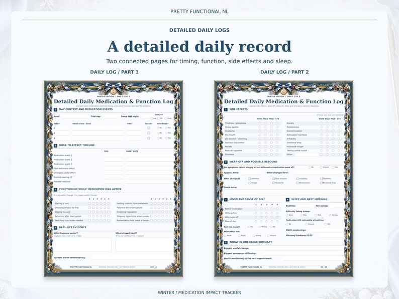 Two complete detailed daily medication log pages in the Winter design, showing dose timing, functioning ratings, side effects, sleep and real-life examples.