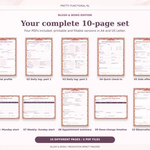 All 10 pages of the Blush & Bows medication tracker: trial profile, two daily logs, quick check-in, side effect detail, two weekly starts, appointment summary, timeline and notes.