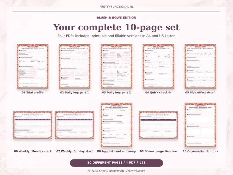 All 10 pages of the Blush & Bows medication tracker: trial profile, two daily logs, quick check-in, side effect detail, two weekly starts, appointment summary, timeline and notes.