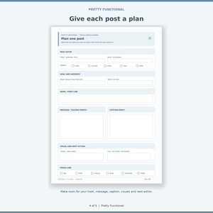 One-post planning page with hook, audience, talking points, caption, visual ideas and status.