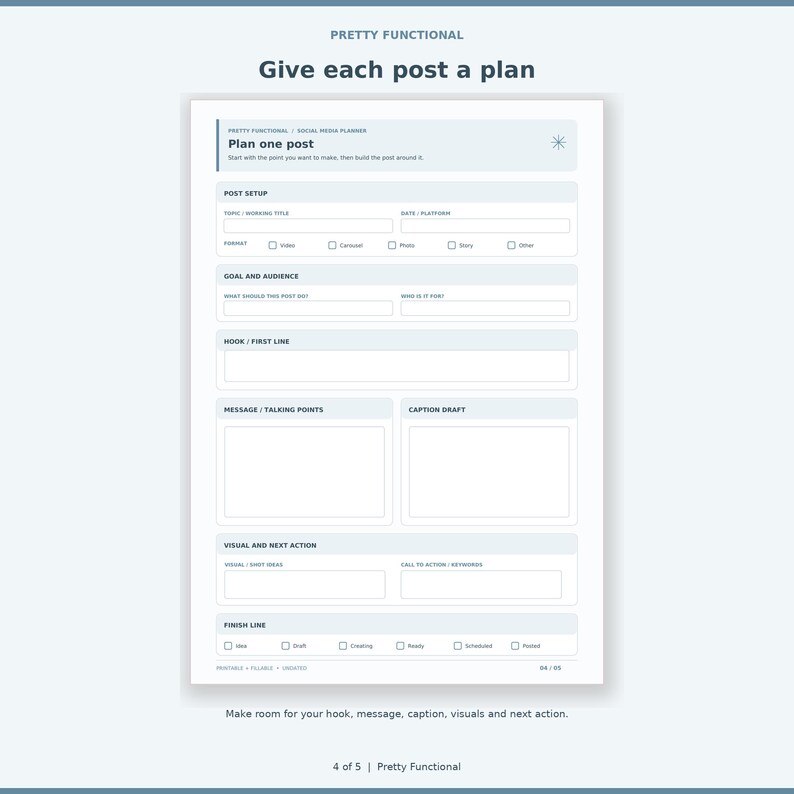 One-post planning page with hook, audience, talking points, caption, visual ideas and status.