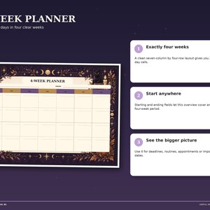 Witchy Night four-week planner with a 28-day grid for mapping a full month of events, deadlines and appointments, decorated with moons and crystals.