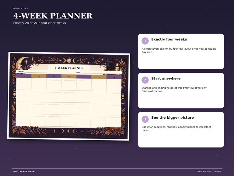 Witchy Night four-week planner with a 28-day grid for mapping a full month of events, deadlines and appointments, decorated with moons and crystals.