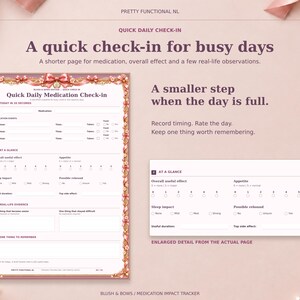 Blush & Bows Quick Daily Medication Check-in, with a complete page and enlarged actual detail for overall effect, appetite, sleep and rebound observations.