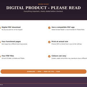 Important information for the Halloween digital planner: PDF download, compatible PDF app, four pages, four files, print at actual size and colors may vary.