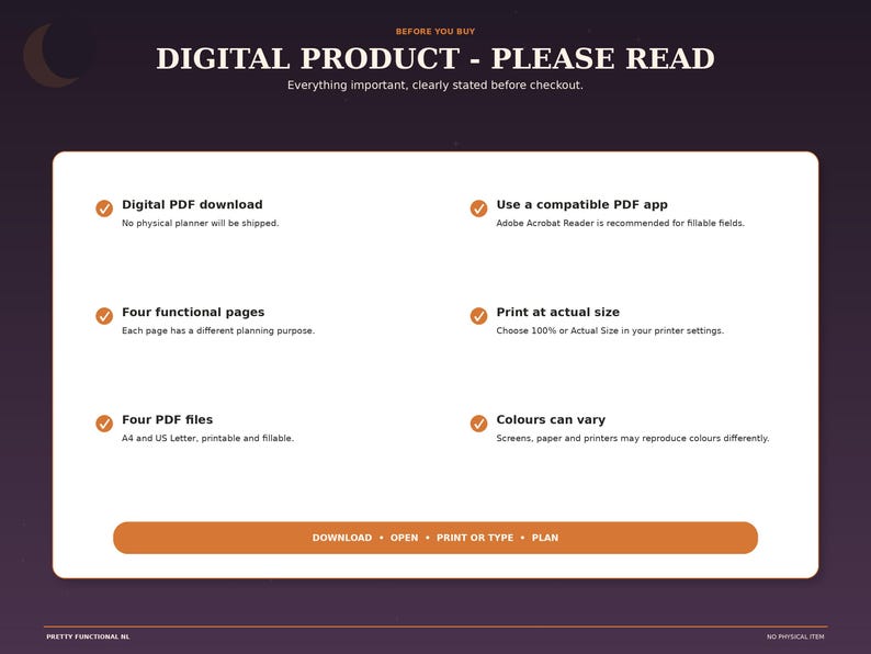 Important information for the Halloween digital planner: PDF download, compatible PDF app, four pages, four files, print at actual size and colors may vary.