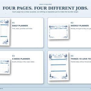 Overview of four Winter Mountains planner pages: daily, Monday-to-Sunday weekly, four-week plan and Things I’d Love to Do list.