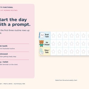 Close-up of the Brush Teeth, Get Dressed and Potty/Toilet rows and their weekday star spaces on the toddler chart.