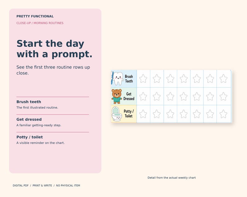 Close-up of the Brush Teeth, Get Dressed and Potty/Toilet rows and their weekday star spaces on the toddler chart.