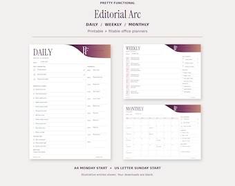 May include: A set of printable and fillable office planners titled Pretty Functional Editorial Arc, including daily, weekly, and monthly layouts. The designs feature a dark purple gradient header with white text and organized sections for tasks, schedules, and priorities.