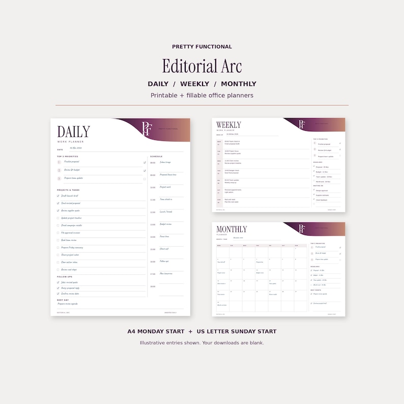 Editorial Arc office planner collection showing filled daily, weekly and monthly pages. The printable and fillable PDFs include A4 and US Letter sizes. Sample entries are illustrative. Design uses plum and copper gradients and the PF monogram.
