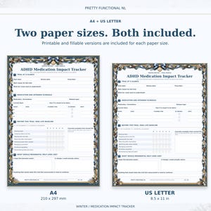 Winter medication tracker in A4 and US Letter, shown at matching physical scale. Both sizes include printable and fillable versions.