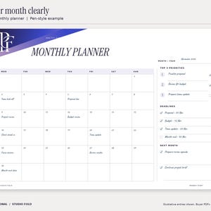 Studio Fold monthly printable planner filled with an illustrative November 2026 office planning example. The six-row calendar includes real November dates, selected work events, priorities and deadlines. Design uses cobalt and purple gradients and the PF monogram.