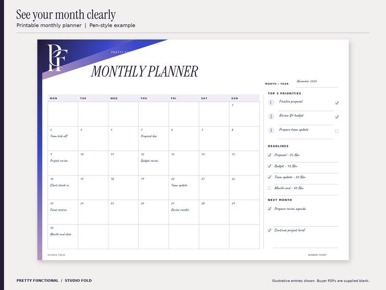 Studio Fold monthly printable planner filled with an illustrative November 2026 office planning example. The six-row calendar includes real November dates, selected work events, priorities and deadlines. Design uses cobalt and purple gradients and the PF monogram.