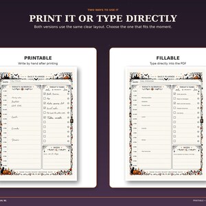Side-by-side Halloween planner examples showing the printable version for handwriting and the fillable PDF version for typing directly.
