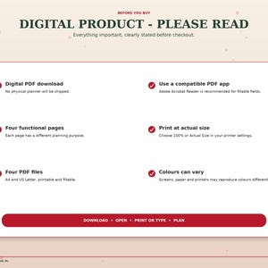 Christmas planner digital product information explaining PDF download, fillable files, printing instructions, compatible PDF apps and no physical item shipped.