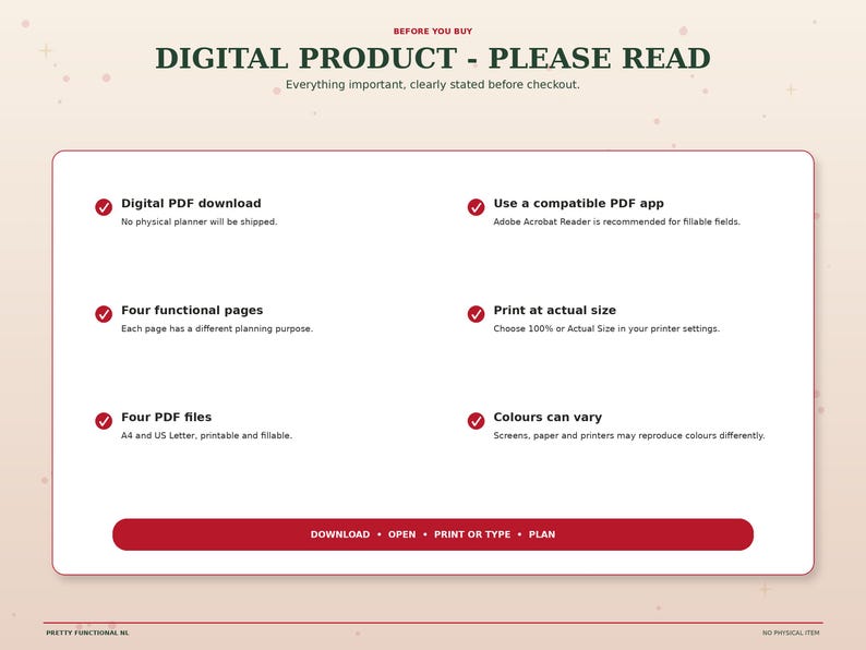 Christmas planner digital product information explaining PDF download, fillable files, printing instructions, compatible PDF apps and no physical item shipped.