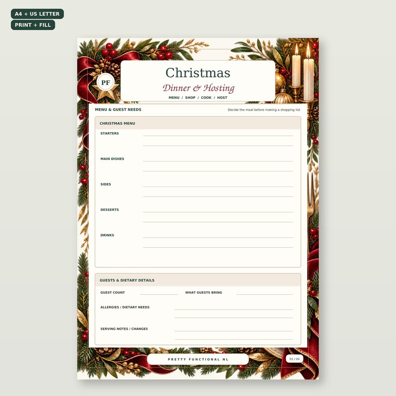 Christmas Dinner & Hosting Planner includes A4 and US Letter, each in printable and fillable PDF formats; four pages per file.
