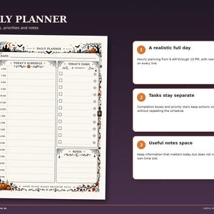 Halloween daily planner page shown with an hourly schedule from 6 AM to 10 PM, separate task checklist and notes box, decorated with pumpkins and autumn leaves.