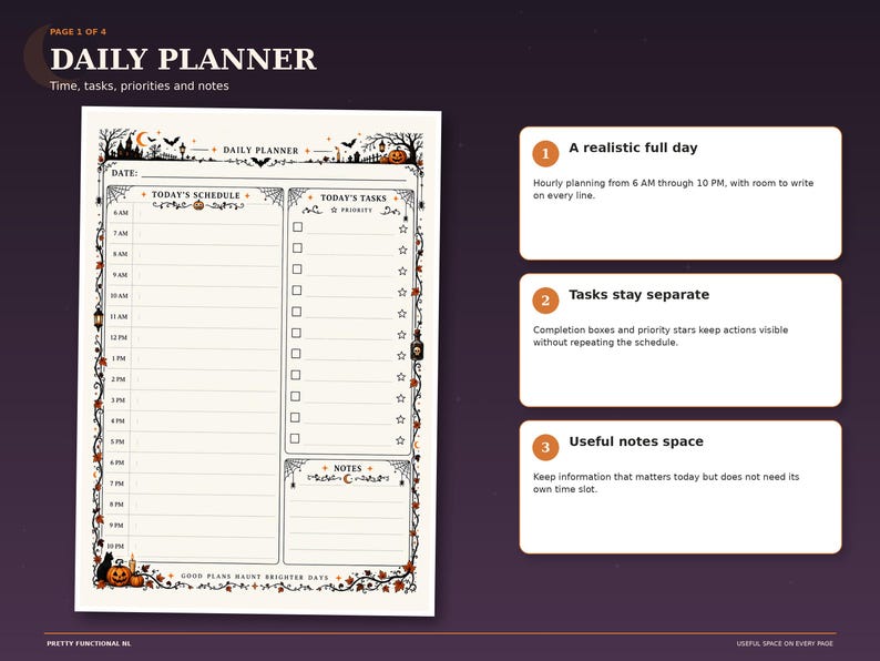 Halloween daily planner page shown with an hourly schedule from 6 AM to 10 PM, separate task checklist and notes box, decorated with pumpkins and autumn leaves.