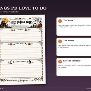Halloween Things I'd Love to Do page with sections for this week, this month and later or someday, plus room for ideas and seasonal illustrations.