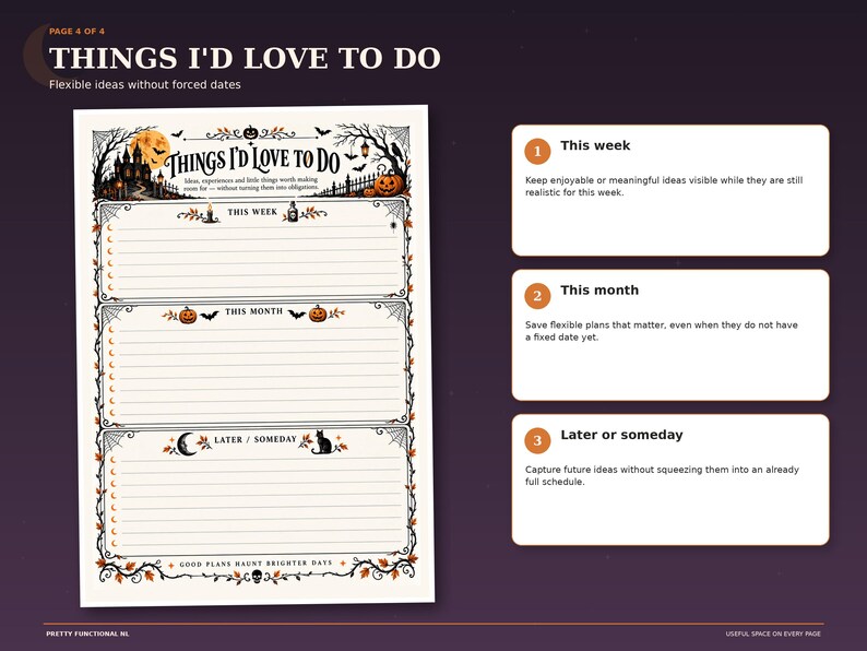 Halloween Things I'd Love to Do page with sections for this week, this month and later or someday, plus room for ideas and seasonal illustrations.