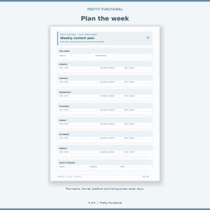 Winter weekly planner page with seven daily spaces for topic, platform, format, time and status.