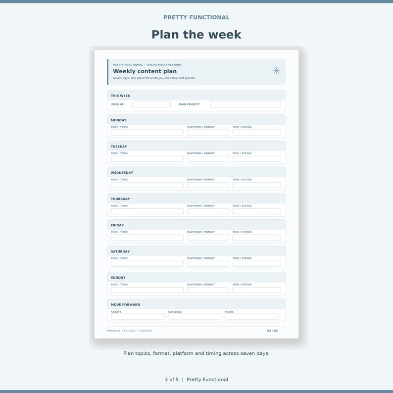 Winter weekly planner page with seven daily spaces for topic, platform, format, time and status.