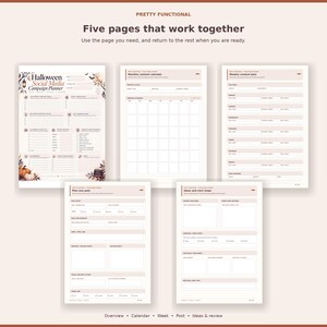 Grouped preview of all five Halloween planning pages, from campaign overview through review.
