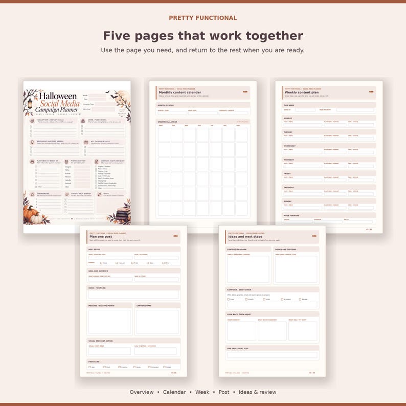 Grouped preview of all five Halloween planning pages, from campaign overview through review.