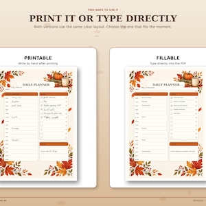 Autumn daily planner shown in printable handwritten and fillable PDF versions, demonstrating two ways to use the same planner digitally or on paper.